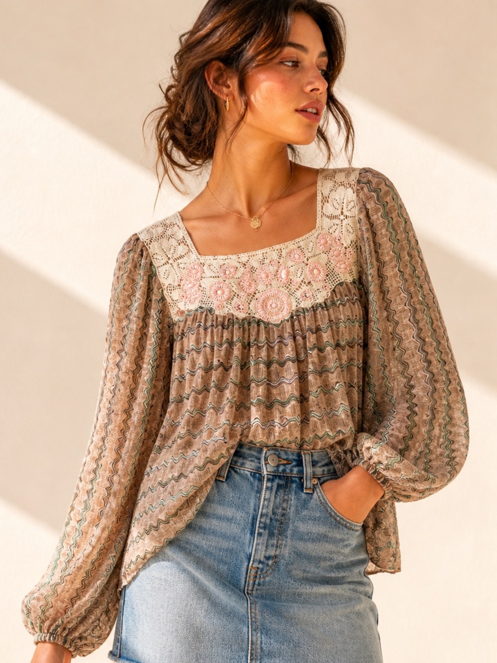 Y2K Sheer Boho Crochet Yoke Blouse Beaded Psychedelic Stripe Sz S